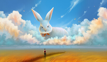 The rabbit in the sky, the man in the wheat field.Surreal painting.