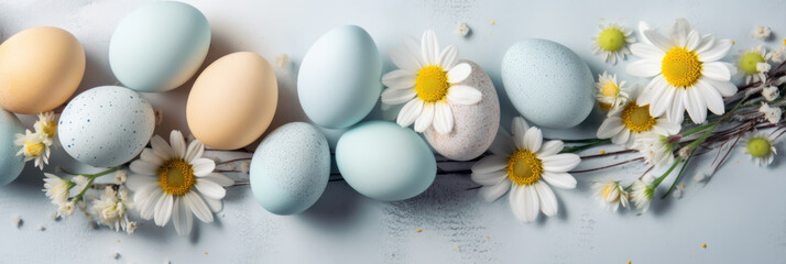 Easter banner header with copy space. Easter blue and yellow eggs and spring flowers. Photorealistic illustration generative AI.