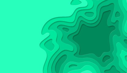 Paper cut topography relief imitation, turquoise color multi layers banner. Abstract water flowing liquid texture art design, origami paper cut layer smooth shape vector illustration