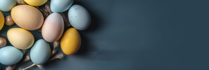Easter banner header with copy space. Easter blue and yellow eggs. Photorealistic illustration generative AI.