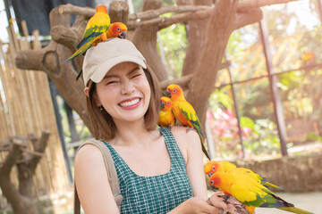 Asian beautiful woman enjoying with bird on hand and body in cage background, Love for animals. Pet care, Parrot training, Smiling woman playing with her bird pet, Sun Conure parrot bird group.