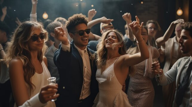 Unconventional Wedding Celebration: Young and Hipster Couples trendy modern wedding party with friends, GENERATIVE AI