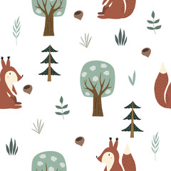 Seamless vector pattern with cute squirrels in the wood. Woodland Cartoon Animals Background. design for fabric, wrapping, textile, wallpaper, apparel and all your creative project.