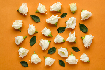 Composition with white eustoma flowers and plant leaves on color background