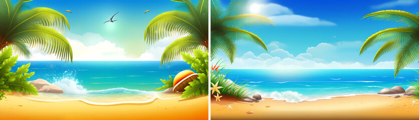 Sea beach with palm tree leaves background, empty summer time landscape, ocean view with sandy coastline and blue cloudy sky