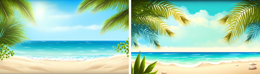 Fototapeta na wymiar Sea beach with palm tree leaves background, empty summer time landscape, ocean view with sandy coastline and blue cloudy sky