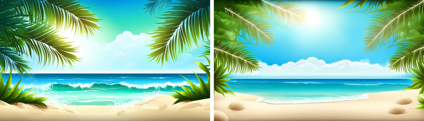 Obraz na płótnie Canvas Sea beach with palm tree leaves background, empty summer time landscape, ocean view with sandy coastline and blue cloudy sky