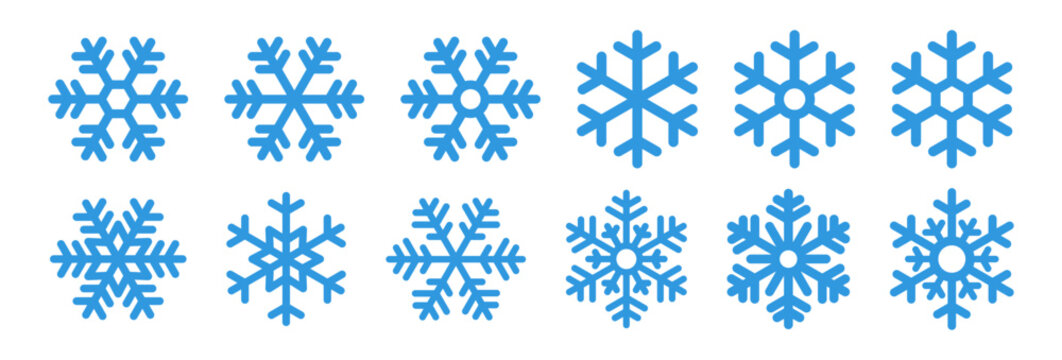 Set blue snowflake icons collection isolated on white background. 