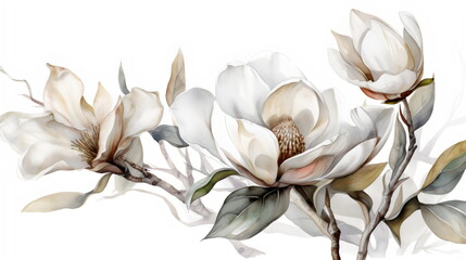 watercolor magnolia blooms on white background, made with generative ai