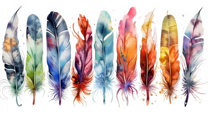 watercolor individual feathers on white background, made with generative ai