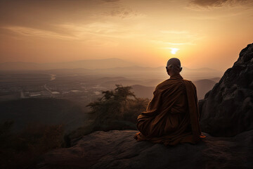 a Buddhist monk meditating on mountain top, generative Ai
