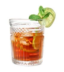 Glass of cold rum with lime on white background