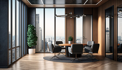 3d rendering business meeting room on high rise office building near reception Generative AI