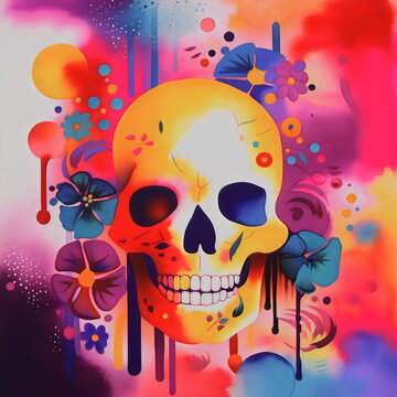 skull painting spray art with colorful flowers, made with generative ai