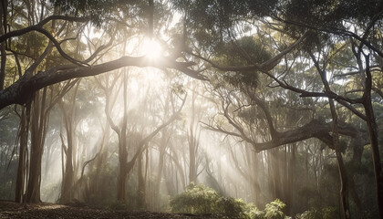 morning mist in the forest. Created using generative AI