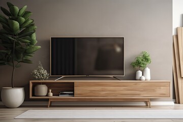 Flat TV on contemporary wood shelf in living room at house. Interior of living room. Generative AI