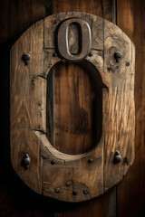 Letter O, number 0, aged oak wood grain and rusty metal bolts. Graphic resource textures for video games. Created with Generative AI
