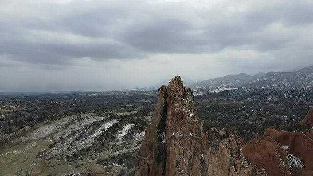 Snow Covered Garden of the Gods, Winter/Fall, natural rock Formation, 8th Wonder of the World. 4K aerial video, located in Colorado Springs, Colorado, USA. 