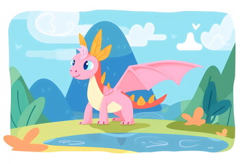 Obraz na płótnie Canvas cute illustration of dragon with landscape, made with generative ai