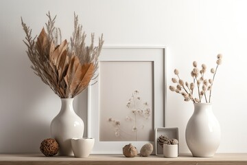 Modern ceramic vase with dried flowers, frame mockup on white table. colorless. Picture frame, poster template on white textured wall. Nordic interior. Copies. Generative AI