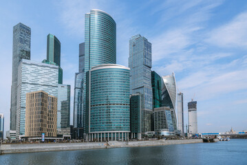 View of Skyscrapers of Moscow City district in sunny day. Moscow. Russia