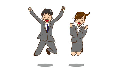 ジャンプするスーツの男女　ガッツポーズ　笑顔2