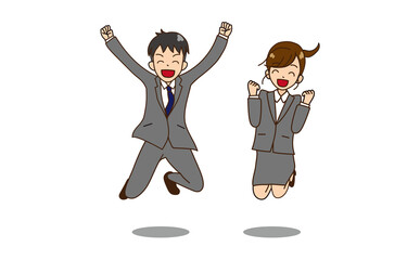 ジャンプするスーツの男女　ガッツポーズ　笑顔2
