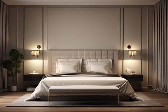 Front picture of a master bedroom with a plush headboard panel and a comfortable bed. decorating with parquet flooring and indirect lighting. Generative AI