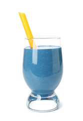 Glass of tasty blue smoothie with straw on white background