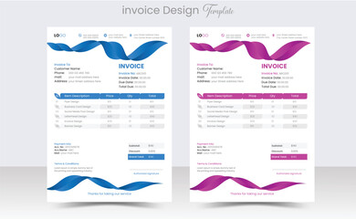 Minimal Corporate Business Invoice design template vector illustration bill form price invoice. Creative invoice template vector. business stationery design payment agreement design template 