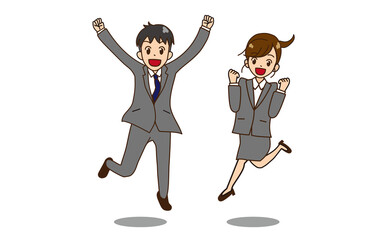 片足ジャンプするスーツの男女　ガッツポーズ3