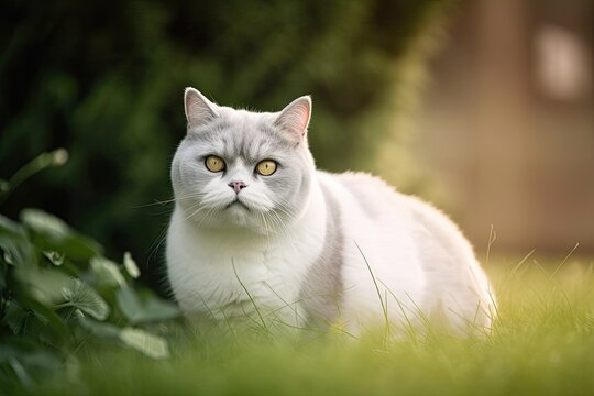 image of a tabby white British shorthair cat sitting on grass in nature with creamy bokeh. Generative AI
