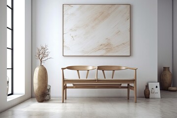 Wooden seat near white wall. Generative AI