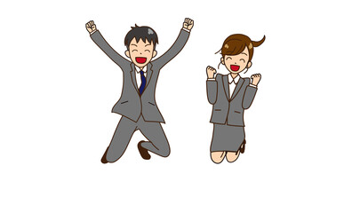ジャンプするスーツの男女　ガッツポーズ　笑顔6