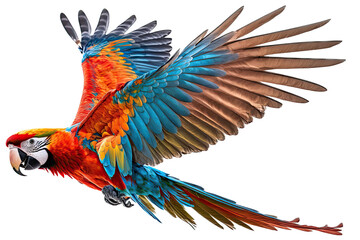 a jungle-themed photographic illustration of a blue green and orange macaw parrot in mid-flight on a transparent background in PNG.  - obrazy, fototapety, plakaty