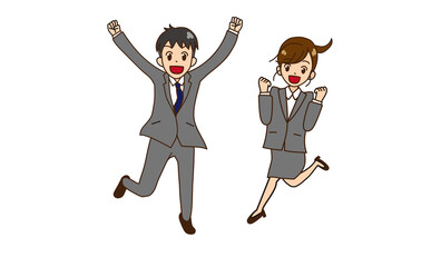 ジャンプするスーツの男女　ガッツポーズ７