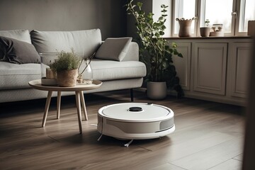 Robot vacuum cleaner in a room. Generative AI.