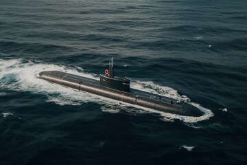 Aerial view of a submarine at sea. Generative AI.