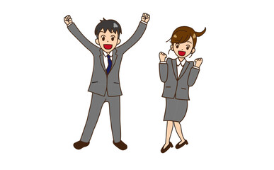 ジャンプするスーツの男女　ガッツポーズ９