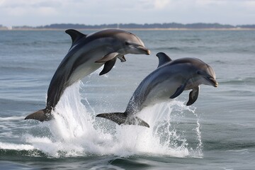 Naklejka premium Cute dolphins jumping. Generative AI.