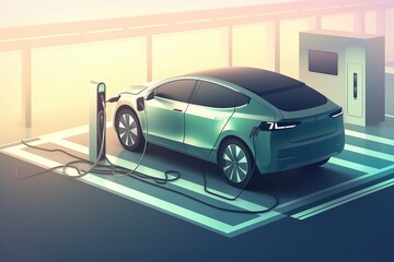 Obraz na płótnie Canvas Electric car plugged charging at standalone station. Generative AI.
