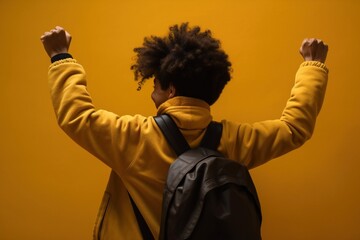 Young happy lucky afro black student feeling excited. Generative AI.