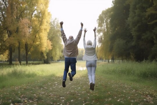 Happy senior couple jumping in park. Generative AI.