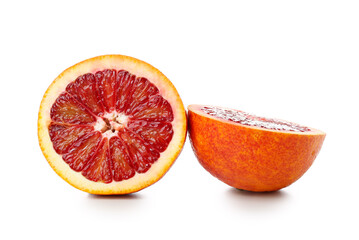 Tasty halves blood orange fruit on white background