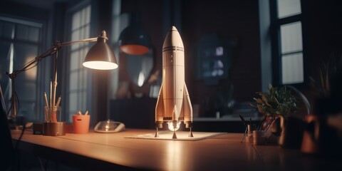 Business start up concept with rocket launching in workplace. Generative Ai