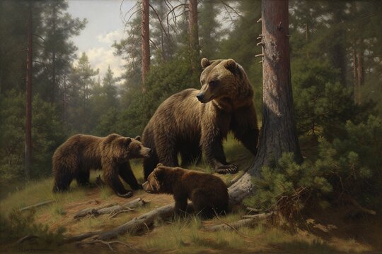 Morning in a pine forest with brown bears. Generative AI.