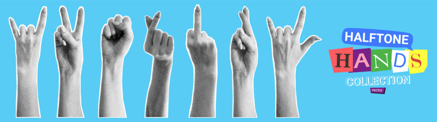 Obraz premium Set of halftone hands. Vector illustration with gestures of hands with halftone effects for decoration of retro banners and vintage postres. Collection of collage elements.