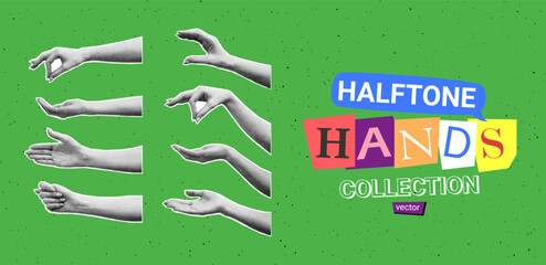 Set of halftone hands. Vector illustration with gestures of hands with halftone effects for decoration of retro banners and vintage postres. Collection of collage elements.
