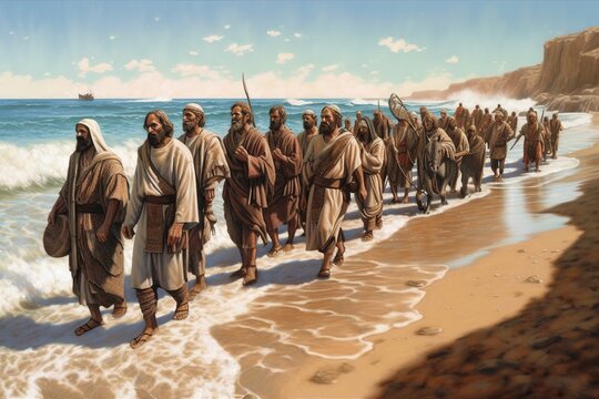 The Israelites walked into the sea on dry ground. Bible story. Generative AI.