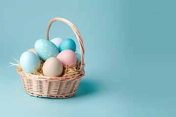 Fototapeta na wymiar A basket of colorful easter eggs on a table. Generative AI